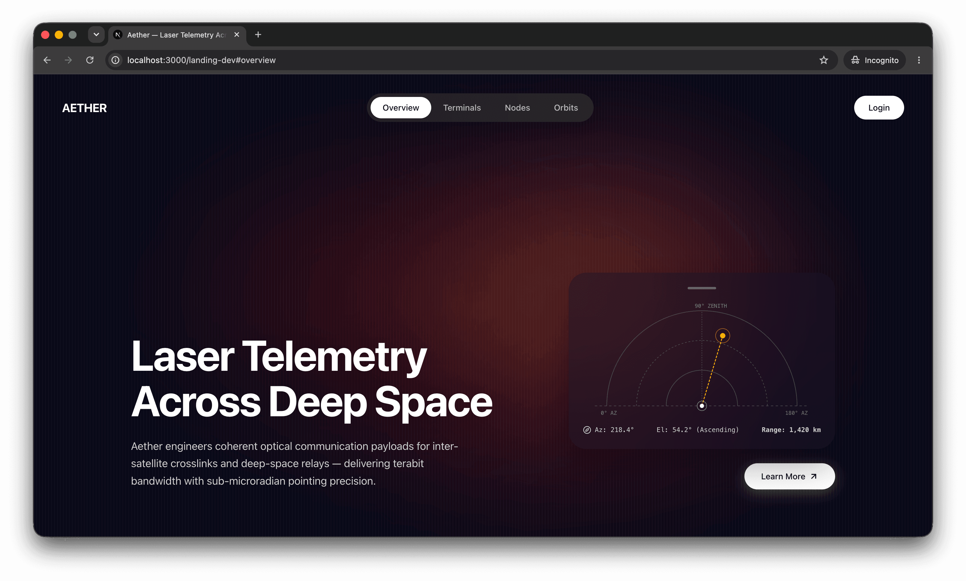Aether - Space Telemetry Landing Page